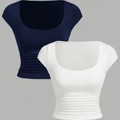 Resim Kadınların Şık İki Parça Kolsuz Tişört Seti - Lacivert ve Beyaz, Rüşlu Tasarım, Kısa Kollu, Örgü Polyester Karışımı, Yaz İçin Mükemmel, Tüm Mevsim Çok Yönlü Üst, Yaz Üstü|Rüşlu Doku|Örgü Yapısı 