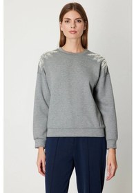 Resim On Fashion Kadın Omuzları İncili Sıfır Yaka Gri Sweatshirt 66338 Gri 
