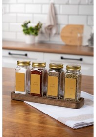 Resim Mienda Home 4'lü Ahşap Standlı Cam Baharatlık Seti Gold Kapaklı Etiketli Baharatlık Takımı Mh01gld04 Gold - Şeffaf 