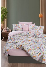 Resim Mystory Home Lastikli Çarşaflı Çift Kişilik Nevresim Takımı Lily Pembe - Turuncu 