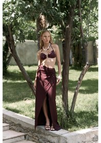 Resim Mai Collection Mai Studios Co. Fabriyonto Asimetrik Bordo Uzun Etek Bordo 