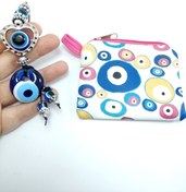 Resim Ennea Art Nazar Boncuğu Kalp Detaylı Anahtarlık / Dikiz Ayna Süsü + Bozuk Para Cüzdanı Hediyelik İkili Set 