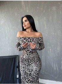 Resim Hazego Kadın Madonna Yaka Dalgıç Kumaş Leopar Desen Maxi Boy Derin Yırtmaçlı Elbise Leopar 