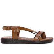 Resim Women's Tan Ankle Strap Flip Flop Leather Bodrum Sandals Derimod