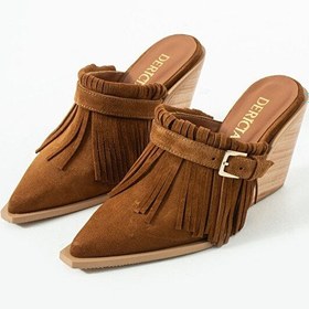 Resim Dericia Shoes Luxe Kadın Hakiki Deri Süet Püskül Detaylı Kovboy Topuklu Terlik Turuncu 