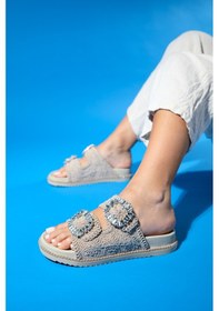 Resim Luvishoes Dungeon Bej Örme Çift Bantlı Taş Tokalı Kadın Terlik Bej 