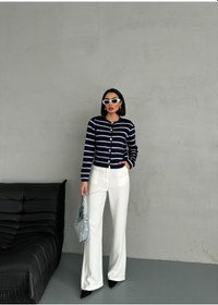 Resim Kadın Gold Düğmeli Çizgili Yumoş Triko Hırka Lacivert 