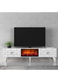 Resim Volcanos Şömineli Tv Sehpası Tv Ünitesi Beyaz 
