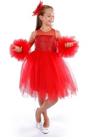Resim Buse&Eylül Bebe Kırmızı Ponpon Kollu Pullu Kız Çocuk Abiye 