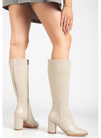 Resim Kadın Topuklu Çizme Bej Suni Deri Sivri Burun-4209 Bej 