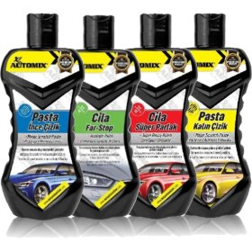 Resim Automix Premium Cila – 4’lü Paket | Ince/kalın Çizik Cilası, Süper Parlak Cila ve Far/stop Cilası 
