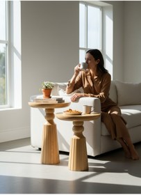 Resim ASELYA HOME Doğal Ahşap 2’li Set Mantar Yan Sehpa Modern Vernikli Fiskos Zigon Çiçeklik 