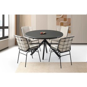 Resim Ahşap Yuvarlak Açılır Büyüyen Yemek Masa Sandalye Takımı 4 Yonca Sandalyeli Parlak Koyu Gri Gri 