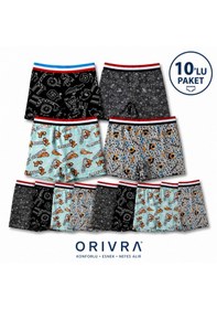 Resim Orivra 10'lu Erkek Çocuk Boxer Seti Pamuklu Esnek Desenli İç Çamaşırı Paketi Çok Renkli 