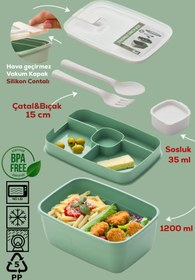 Resim Porsima 3191 Vakumlu Kendinden Kaşık Çatallı Sosluklu Bölmeli Beslenme Çantası- 2 Katlı Lunch Box-Sefer Tası 