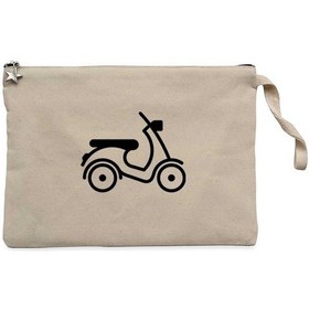 Resim Vespa Scotter Siluet Krem Clutch Astarlı Cüzdan / El Çantası Krem 