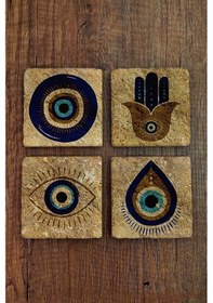 Resim Doğal Taş Bardak Altlığı 10x10x1 Cm Nazar Boncuğu Desenli - Stone Coasters Çok Renkli 