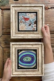 Resim Oscar Stone Decor Çerçeveli Taş Duvar Dekoru Tablo 20X20Cm 2'Li Set (1100-1259) Nazar Göz Kuş 2-2Cdd-145 