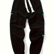Resim Erkekler için Açık Yeşil Kadife Kargo Pantolon Beyaz İpli Bel - Dayanıklı Polyester, Çok Cepli Tasarım Günlük Kullanım İçin, Her Mevsim 