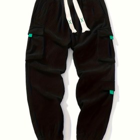 Resim Erkekler için Açık Yeşil Kadife Kargo Pantolon Beyaz İpli Bel - Dayanıklı Polyester, Çok Cepli Tasarım Günlük Kullanım İçin, Her Mevsim 