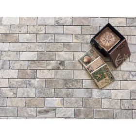 Resim Pietramosaic 5x10 Latte Traverten Tuğla Desen Eskitme Mozaik Doğaltaş Duvar Kaplama Dekoratif 