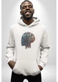 Resim Robot Kafası Kız Kadın Erkek Beyaz Kapüşonlu Sweatshirt Hoodie Beyaz 