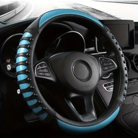 Resim Pazly Karbon Fiber Desenli Pu Deri Direksiyon Kilifi, Sistik Mavi, Dayanikli, İç Halkalı, Araba İçin Universal, Siyah Siyah 