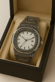 Resim pierrose İşlemeli Antik Gümüş Renk Erkek Kol Saati 