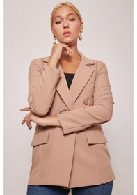 Resim Blazer Düğmeli Uzun Kol Şık Süs Cepli Ofis Ceket-Camel 
