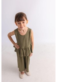 Resim Oliven The Kid Oliventhekid Beli Volanlı Sırtı Düğmeli Kolsuz Keten Kız Çocuk Tulum Haki Haki 