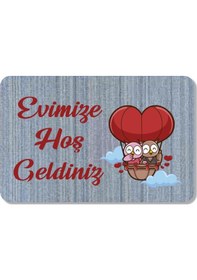 Resim Dijital Baskılı Kapı Önü Paspas Hoşgeldiniz Yazılı Çiçek Desen Ve Kedi Iç Ve Dış Kapı Yıkanabilir Bej 