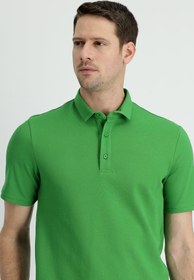 Resim Çimen Yeşili Polo Yaka Slim Fit Dar Kesim Pamuk Tişört 