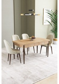 Resim Ikon Meşe Desen 80x132 Mdf Açılabilir Yemek Masası Takımı 4 Adet Sandalye Krem 