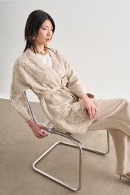 Resim Mizalle Örgü Nakışlı Bej Rengi Premium Kimono Ceket 