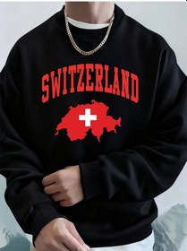 Resim Switzerland Swiss Flag Printing Men Hoodies Autumn Fleece Warm Sweatshirts Casual Loose Crewn Siyah 