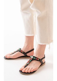 Resim 152-1110 Siyah Multi Taşlı Parmak Arası Kadın Sandalet Altın - Taba 