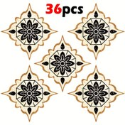 Resim 36 adet Vintage Siyah ve Altın Çiçekli Seramik Fayans Etiketleri, Kendinden Yapışkanlı PVC Zemin ve Duvar Çıkartmaları, Aşınmaya Dayanıklı, 11x11cm, Mat Bitişli, Zarif Ev Dekoru için Kaymaz Tasarım, Zemin Fayans Etiketleri 
