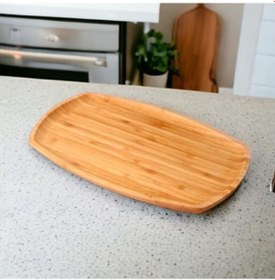 Resim Bambu Lüx Bambu Kayık Sunum Tabağı Servis Tabak 30x18cm Sunum Tabağı, Dikdörtgen Sunum Tabağı Açık Gri 