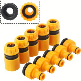 Resim 6 adet Evrensel Hortum Hızlı Bağlayıcı Seti, 3/4" ve 1/2" ölçülerinde 3 set içerir, plastik malzeme, konik musluk adaptörleri ile, açık hava araç bakımı ve bahçe sulama için, Avrupa ve Amerika bağlayıcı konik standart ile uyumlu. 