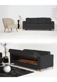 Resim Nola Koltuk Takımı 3+1 & Bazalı Yataklı Koltuk & Kanepe - Keten Krem-antrasit 