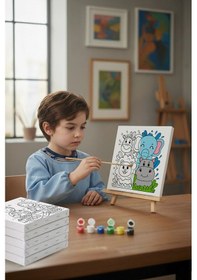 Resim Safari Hayvanları Çocuk Boyama Tuvali Şövaleli Eğitici Boyama Seti 20x20 Cm 