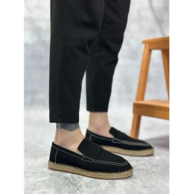 Resim ET0359 Doğal Deri Tozu Bağcıksız Kauçuk El Yapımı Espadril Taban Siyah Renk Erkek Ayakkabı 