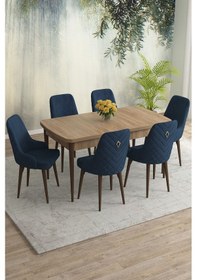 Resim Meri Serisi 80x132 Açılabilir Mdf Meşe Masa Takımı 6 Cappucino Sandalye Kahve Ayak Lacivert 
