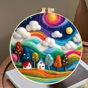 Resim Çerçeveli El İşi Yün İğne Keçe Boyama Seti - 19.99x19.99 cm Renkli Ağaç Ev Manzarası, İğne Keçe, Köpük Ped ve Talimatlar Dahil, Ev Dekorasyonu ve Yeni Başlayanlar İçin Mükemmel, El Sanatları Malzemeleri 