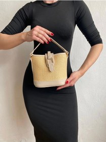 Resim Glemix Alin Hasır Vizon Kontrast Kova Model Kadın Omuz Çantası Vizon 