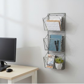 Resim GO DEKOR Metalik Gri Tel YENİ 3 Gözlü Dergilik/Kitaplık/Gazetelik 90X30 