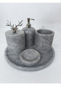 Resim Gri Mermer Klasik Model 5 Parça Gümüş Renk Geyik Aksesuarlı Banyo Seti Gri 