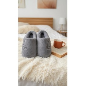 Resim Peluş Kadın Ev Terliği Gri Ayıcık Nakış 