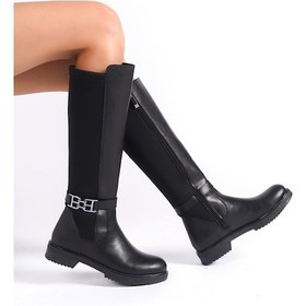 Resim Kadın Siyah Tokalı Dalgıç Kumaş Diz Altı Çizme-siyah1 Siyah 