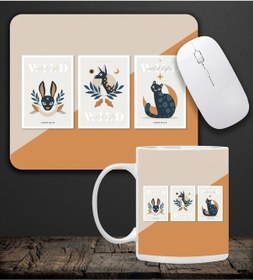 Resim Baskılı Kupa & Bej Ve Turuncu Renk Geyik Ve Kedi Motifli Mouse Pad 23x19cm Fare Altlığı Kaydırmaz Ta Mousepad 